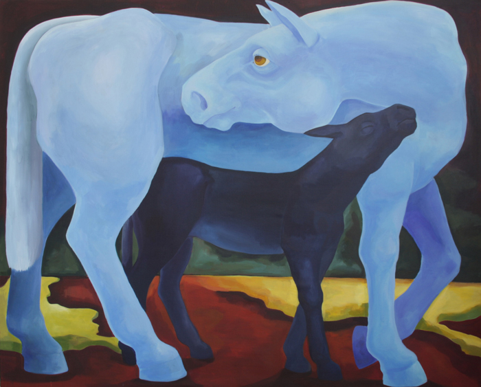 modrý kůň na červeném pozadí, symbolistní malba koně