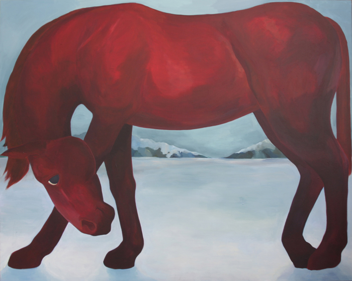 rudý kůň malba, červený kůň na modrém pozadí