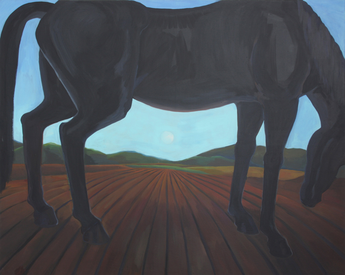 kůň se západem slunce, lištica, malba koně