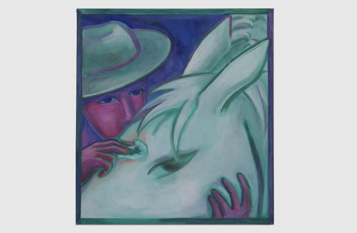 Malba koně za oknem, monochrom, magická malba, magický realismus v malbě, Lištica