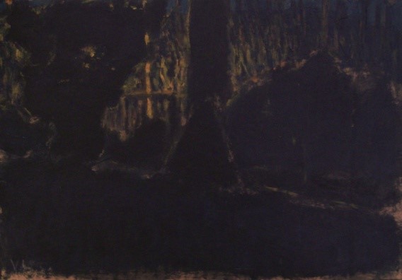 Pohled z ateliéru – večer č.1 / akryl, lepenka / 26,5 x 18 cm / 2016