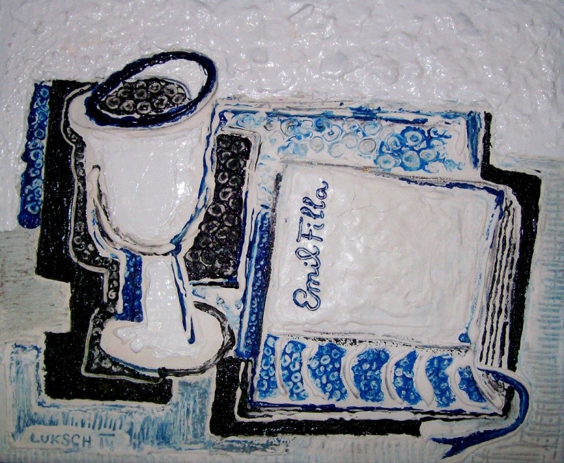 Cukrové zátiší (Zátiší s knihou E.Filla) / kombinovaná technika, plátno, deska / 30 x 25 cm / 2014