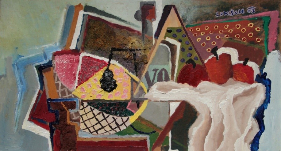 Zátiší s jablky / kombinovaná technika na lepence / 58 x 34 cm / 2013