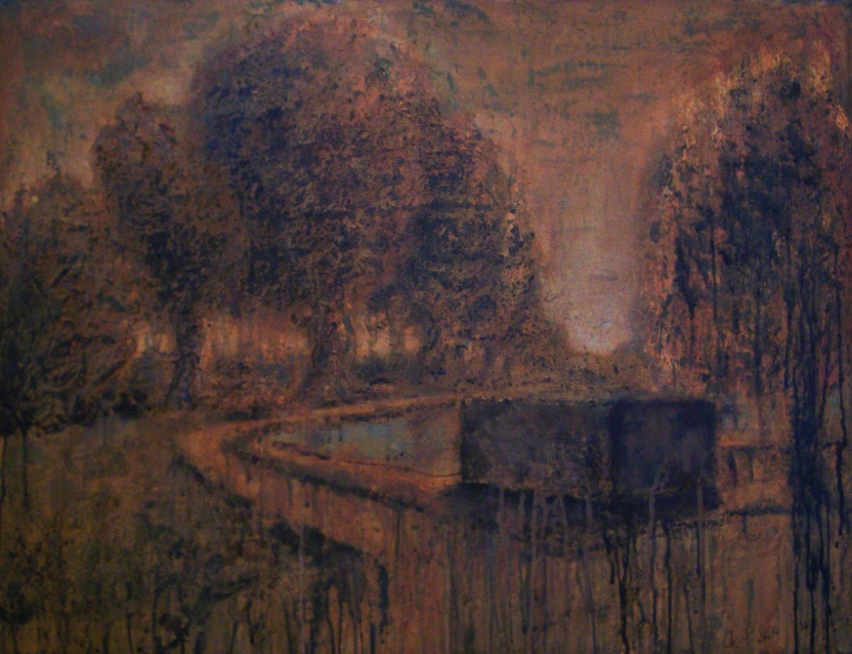 Studie: Krajina ve rzi / kombinovaná technika, plátno fix. na lepence / 85 x 65 cm / 2016