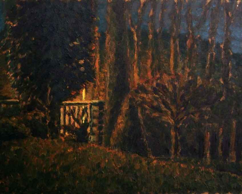Pohled z ateliéru – večer č.2 / olej, sololit / 39,6 x 31,8 cm / 2016