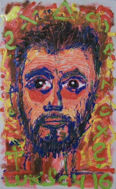 Autoportrét / olej, akryl, email, plátno fix.na desce / 24 x 38,7 cm / 2016