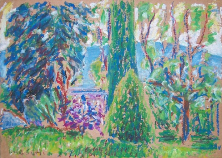 Pohled z ateliéru – v květnu / olejový pastel, lepenka / 26,5 x 18 cm / 2017