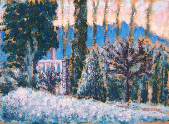 Pohled z ateliéru – zima č.4 / tempera, lepenka / 22 x 16 cm / 2017